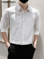 incerun tops 2022 korean style new men hollow short sleeve shirts casual simple male solid all match lapel buttons blouse s 5xl