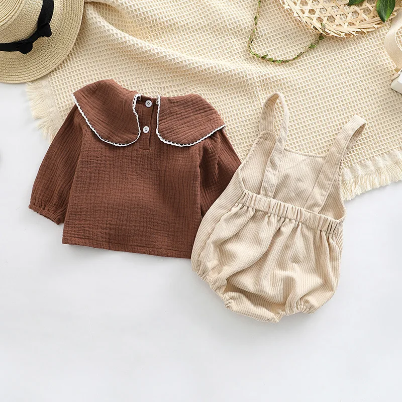 RiniKinda Autumn Baby Boys Girls Clothes Set Baby Embroidered Bodysuit And Toddler Corduroy Overalls Jumpsuit Infant Outfits