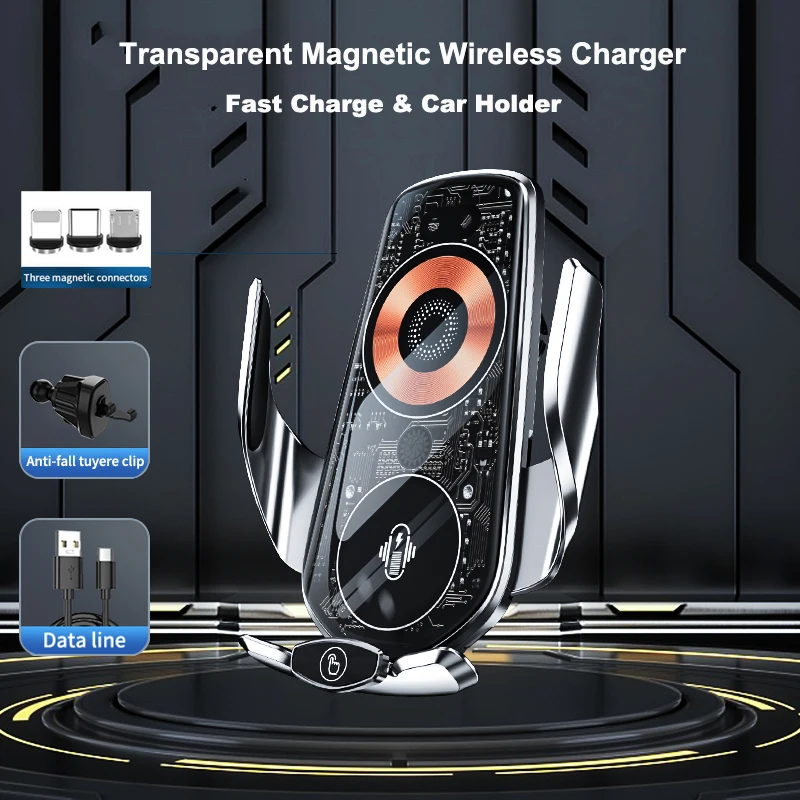 

Прозрачное магнитное Беспроводное зарядное устройство 15 Вт Автомобильный держатель для быстрой зарядки для iphone 14 13 12 вращение на 360 градусов зарядный держатель для телефона Qi