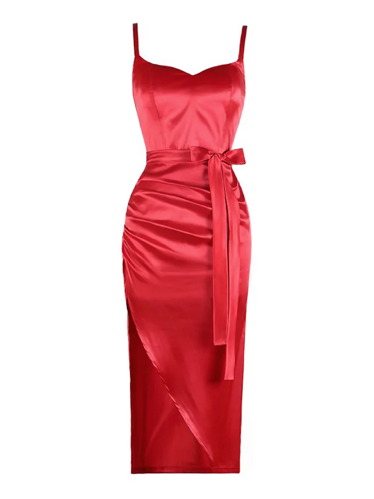 Red Elegant Retro Temperament Party Suspender Vintage Dress High Waist High-grade Party Prom Wrinkled Belt Satin Vestidos