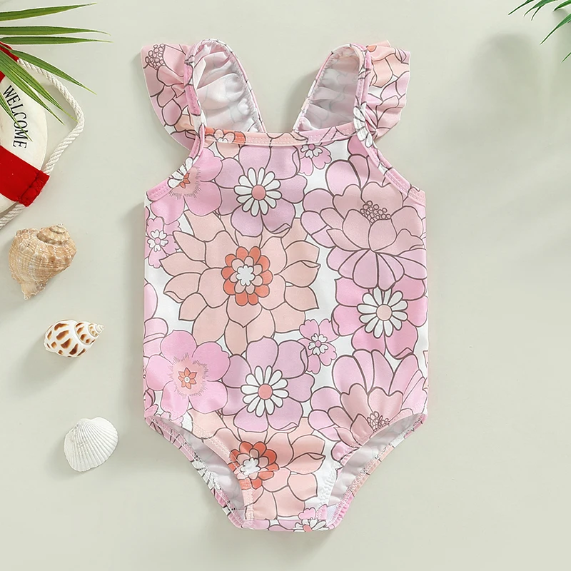 Baby Girls Swimwear Infant Off Shoulder Sleeveless Floral Print Bikini Kids Beachwear Toddler Bathing Suits Swimsuits