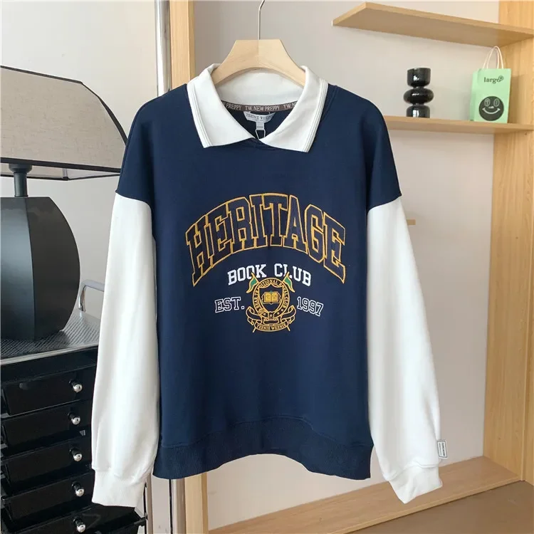 

Цельные толстовки для женщин, свободная толстовка с отложным воротником, хлопковые топы с буквенным принтом, футболка оверсайз, 한국인 뷰 옷