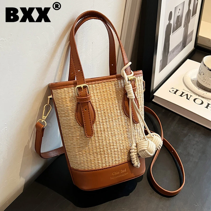 

[BXX] Fashion Women Crossbody Bag Pu Leather Spliced Knit Bucket Handbag Niche Design Messenger Bags Summer 2023 New Tide 8CY150