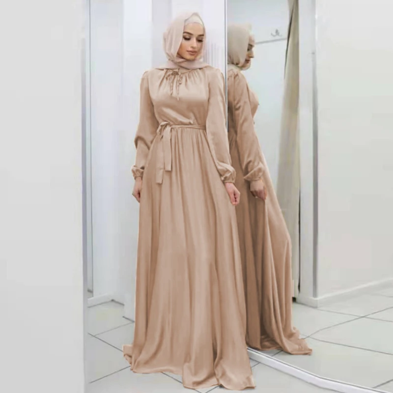 Muslim Fashion Hijab Satin Dress Ramadan Belted Abaya Dubai Turkey Arabic African Maxi Dresses for Women Islamic Clothing Kaftan
