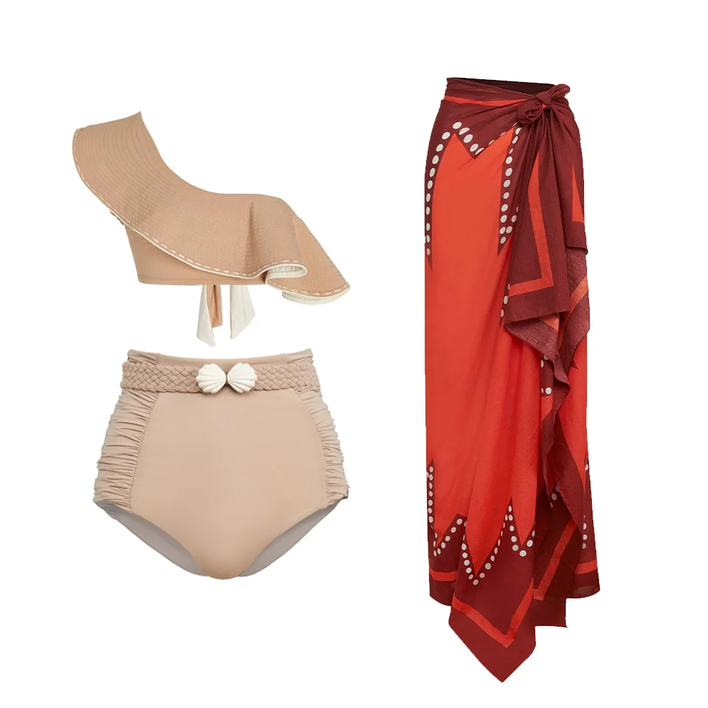 

One Shoulder Solid Printed Swimsuit for Women, Split High Waisted Swimwear, Polyester Brazilian Summer Bathing Suit, Cover Up