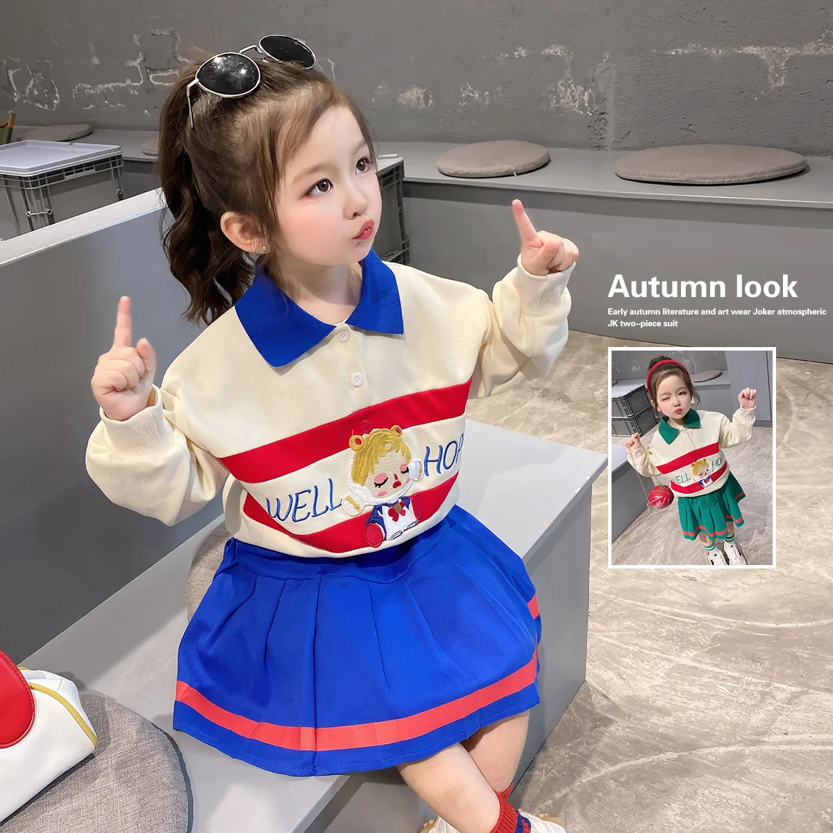 

2023 Larua Kors Korean Clothing Set Girls Long Sleeve Turn-down Collar Embroidery Green Cute 2 Pcs Sets Girls Clothes 18M-6T