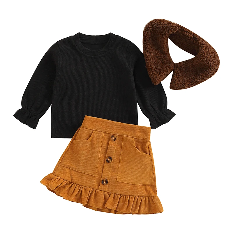 

Toddler Kids Girls Fashion Party 2 Pieces Solid Color Girl Long Sleeve Plush Collar Ribbed Tops + Buttons Ruffle Skirt Outfits