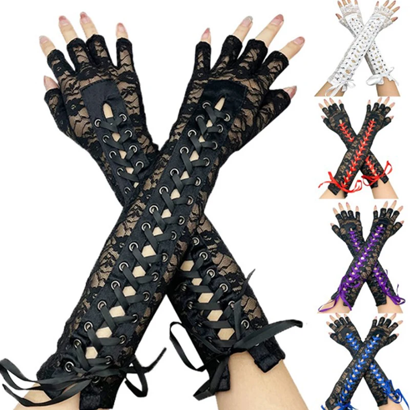 

1Pair Women Gothic Long Glove Fingerless Black White Punk Hip Pop Jazz Disco Mittens Clubwear Dance Cosplay Party Costumes