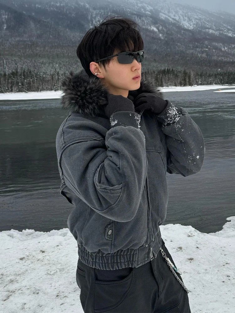 Black Catsstac Mountain Carving Second Generation Fleece-lined Cotton-Padded Coat Outerwear Men's Winter Thickened Warm Fur C...