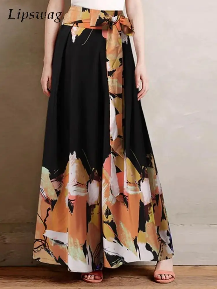 Женские широкие брюки с высокой талией винтажные свободные принтом в этническом