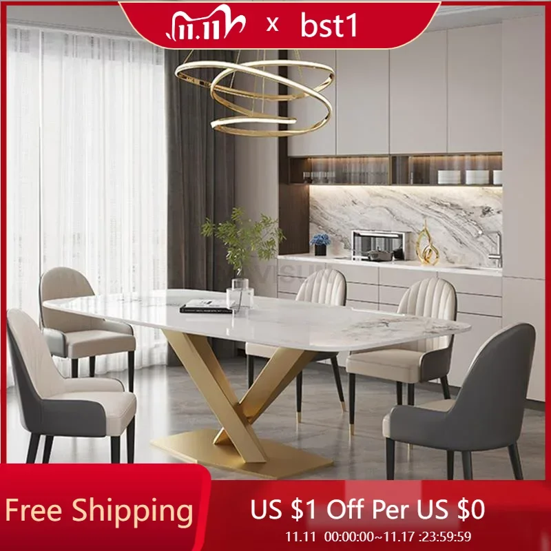 

Center Kitchen Table In Rectangle Marble Desk Top Floor Console Golden Finish 6 People Luxury Dining Table Mesa Home Furniture