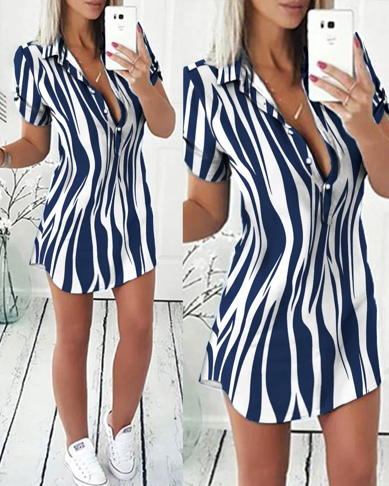 

2022 New Women's Summer Women's Dress Casual Pattern Print Shirt Mini Skirt