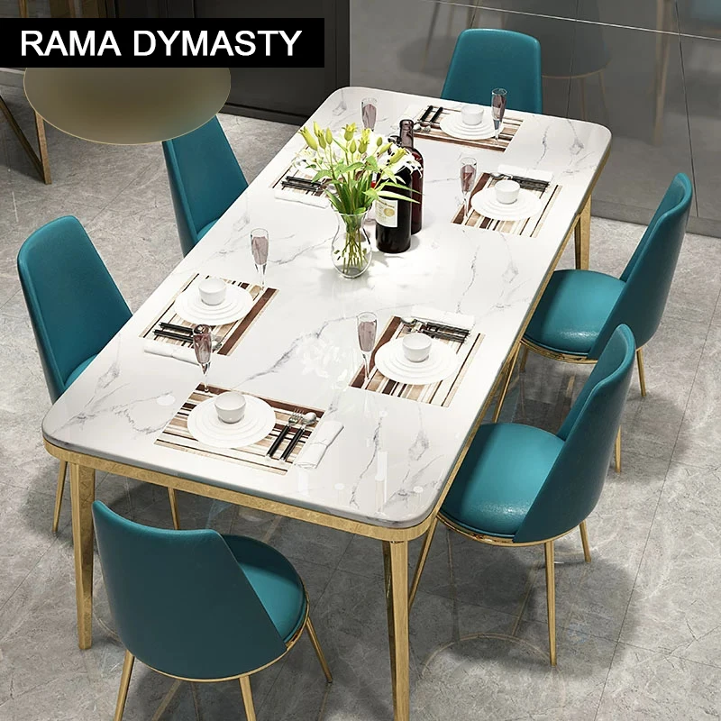 

Stainless Steel Dining Room Set Home Furniture Modern Marble Dining Table Chairs Rectangle Table Metal Luxury Living Room Gold