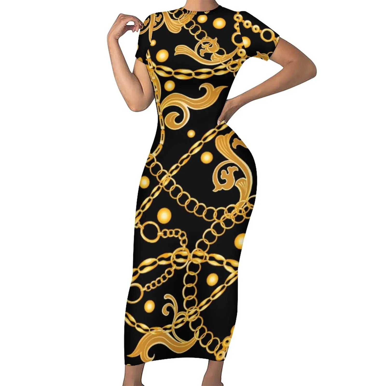 

Gold Chains Dress Women Retro Baroque Print Streetwear Bodycon Dress Short Sleeve Trendy Maxi Dresses Design Big Size Vestidos