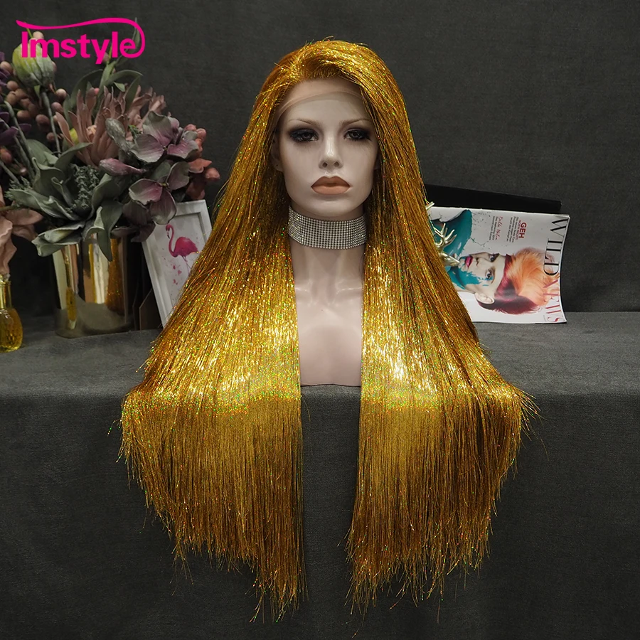 

Imstyle полный мишура парик кружевной фронтальный золотой красный парик длинный прямой серебристый серый парик для фото парик