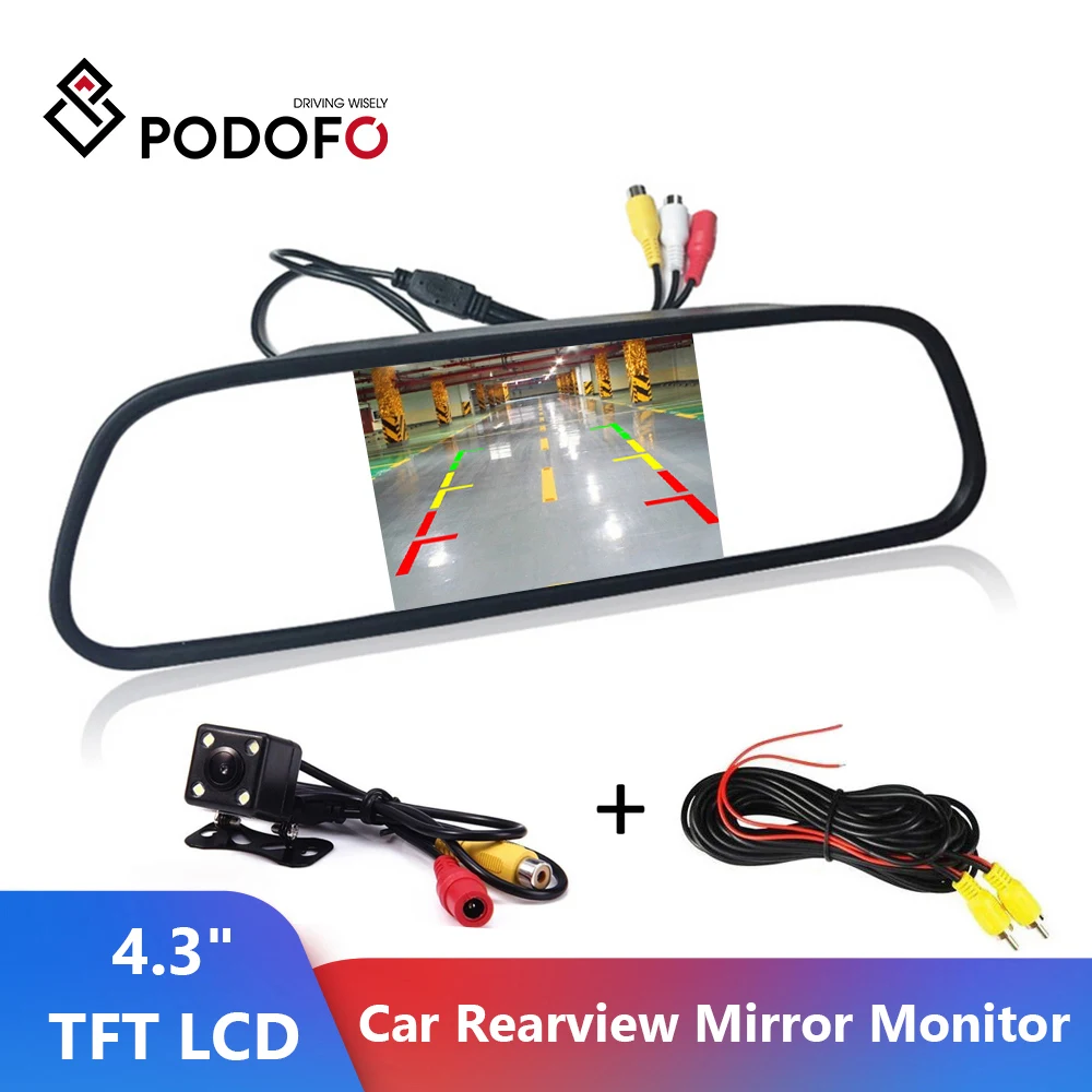 

Автомобильный парковочный монитор Podofo, HD-видео, TFT ЖК-дисплей 4,3 дюйма, 4 светодиодный, ночное видение, CCD, Автомобильная камера заднего вида, а...