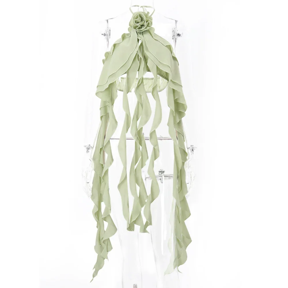 Женский укороченный топ с воланом асимметричная блузка открытой спиной и