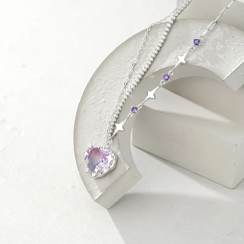 

Ins925 Sterling Silver Gradual Change Love Pendant Cool Style Designer Jewelry Double layer Collar Chain Necklace for Women