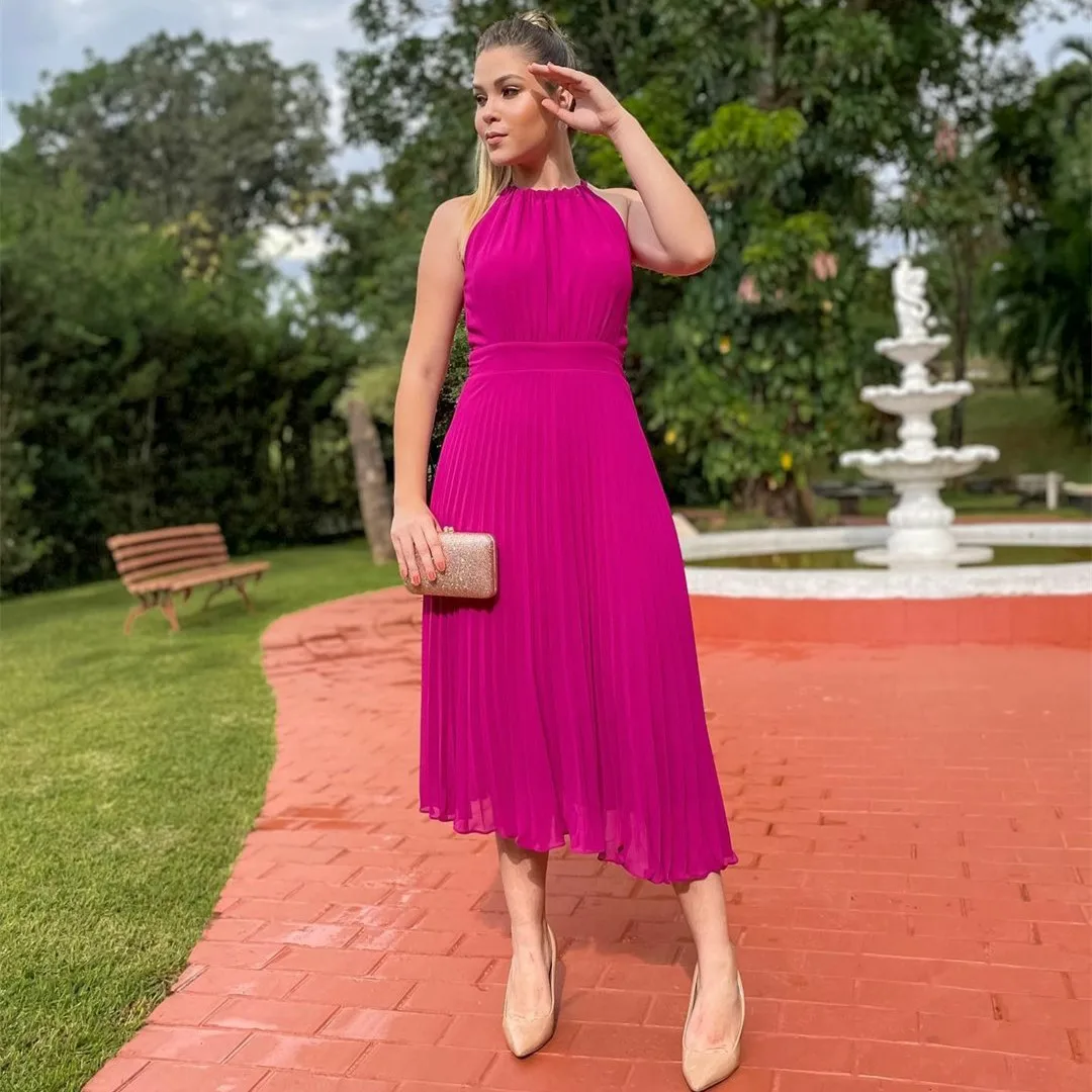 

Женское шифоновое вечернее платье-трапеция, элегантное короткое плиссированное платье до середины икры с лямкой на шее, платье для выпускного вечера