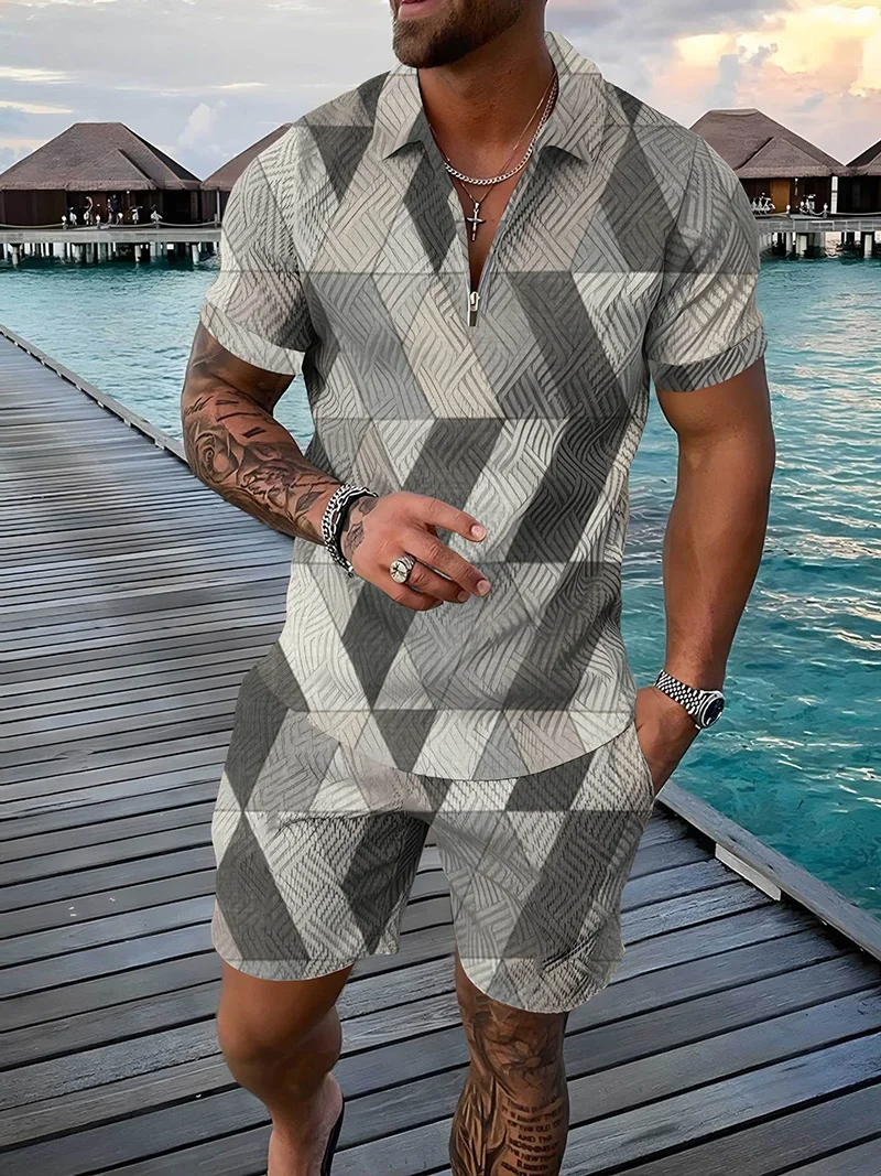 Summer Short sleeved Polo Shirt Beach Shorts 2 Piece Sets Tracksuit Men's Oversized 3D Printed Casual Sports Suit