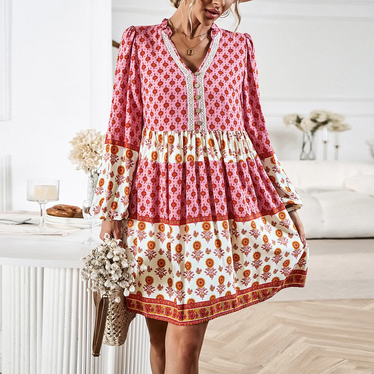 

Women Dresses Autumn Winter Fashion V-neck Print Long Sleeved Bohemian Style Patchwork Elegant Temperament Casual Short Dresss