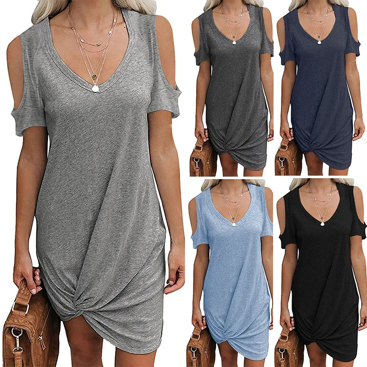

Summer clothes new solid color spring and summer off shoulder kink T-shirt dress women's wear