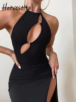 hotvestita 2022 fashion sexy hollow out backless maxi dress halter bandage sleeveless bodycon split womens evening party dress