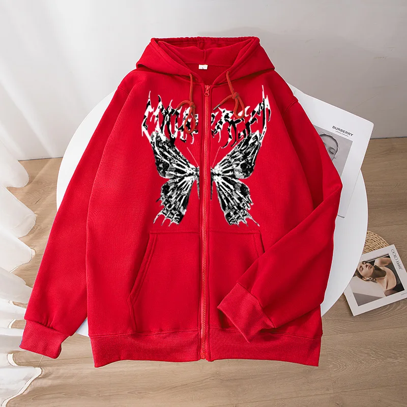 

Aesthetic Butterfly Gothic Ins Y2K Zipper Women's Hoodies&Sweatshirt Hip Hop Loose Oversized Harajuk High Street Streetwear Tops