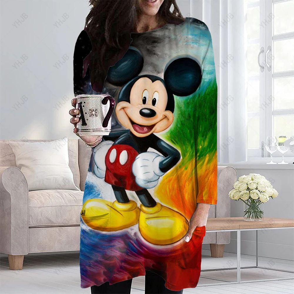 

Удлиненная футболка с карманами и мультяшным принтом Микки Мауса Disney, женская одежда, Осенний базовый топ, женская футболка с длинным рукавом