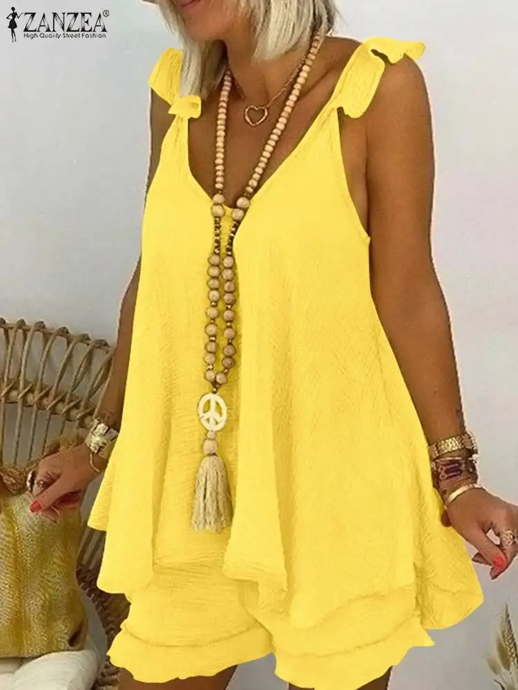 

2pcs Women Sets ZANZEA Summer Bohemian Short Sets Solid Cotton Homewear Outifits Sexy Sleeveless Tanks Tops Beach Matching Sets