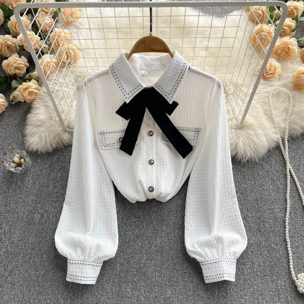 

2022 Spring Autumn Women New Fashion Bow White Shirt Chic Top Mujer Long Sleeved Single Breasted Blouse Korean Clothing E001
