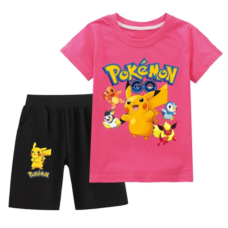 

Pokemon Summer Kids Clothes Kawaii Clothing Casual O-Neck Short-sleeved T-shirt + Short Pants Suit Clothes Set Kids Clothing