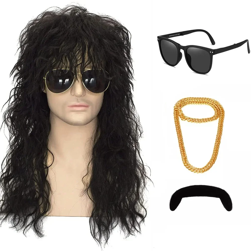 

FGY длинные вьющиеся волосы, черный парик, парик Mullet, 1970s и 1980s, парик, Искусственный металлический камень, костюм, парик на Хэллоуин