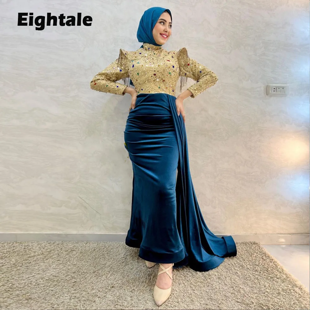 

Eightale Arabic Evening Dresses Muslim Velvet Beaded Crystals Peacock Blue Mermaid Prom Party Gown vestidos elegantes para mujer