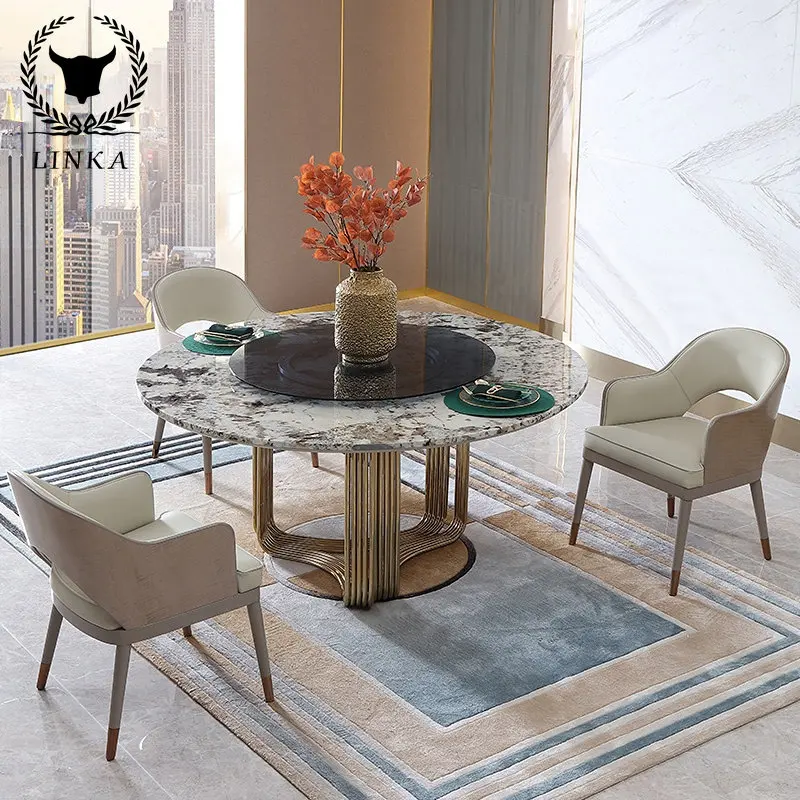 

Post-modern luxury marble turntable dining room simple round dining table chair combination furniture