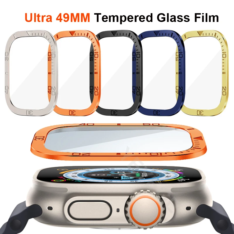Alloy Frame Tempered Glass Film For Apple Watch Ultra 49mm Screen Protector Anti-Scratch Metal Frame Dial Bezel Protector Films