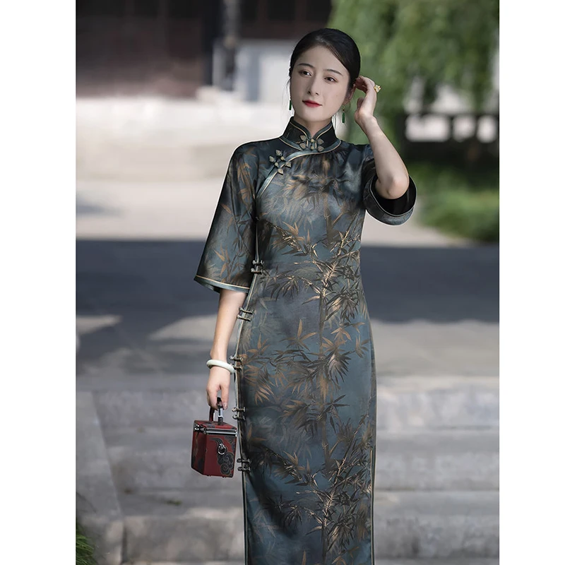 

Elegant Satin Green Stand Collar Bamboo Print Half Sleeved Cheongsam Women Chinese Imitation Incense Cloud Gauze Qipao Dresses