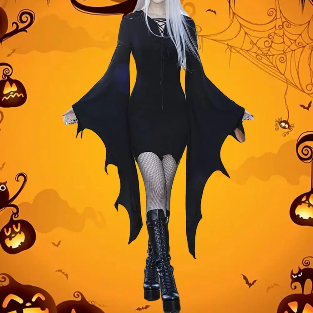 

Платье для Хэллоуина с длинным рукавом «летучая мышь», костюм ведьмы, однотонное платье в темном стиле с асимметричными манжетами, платье на шнуровке с расклешенным подолом