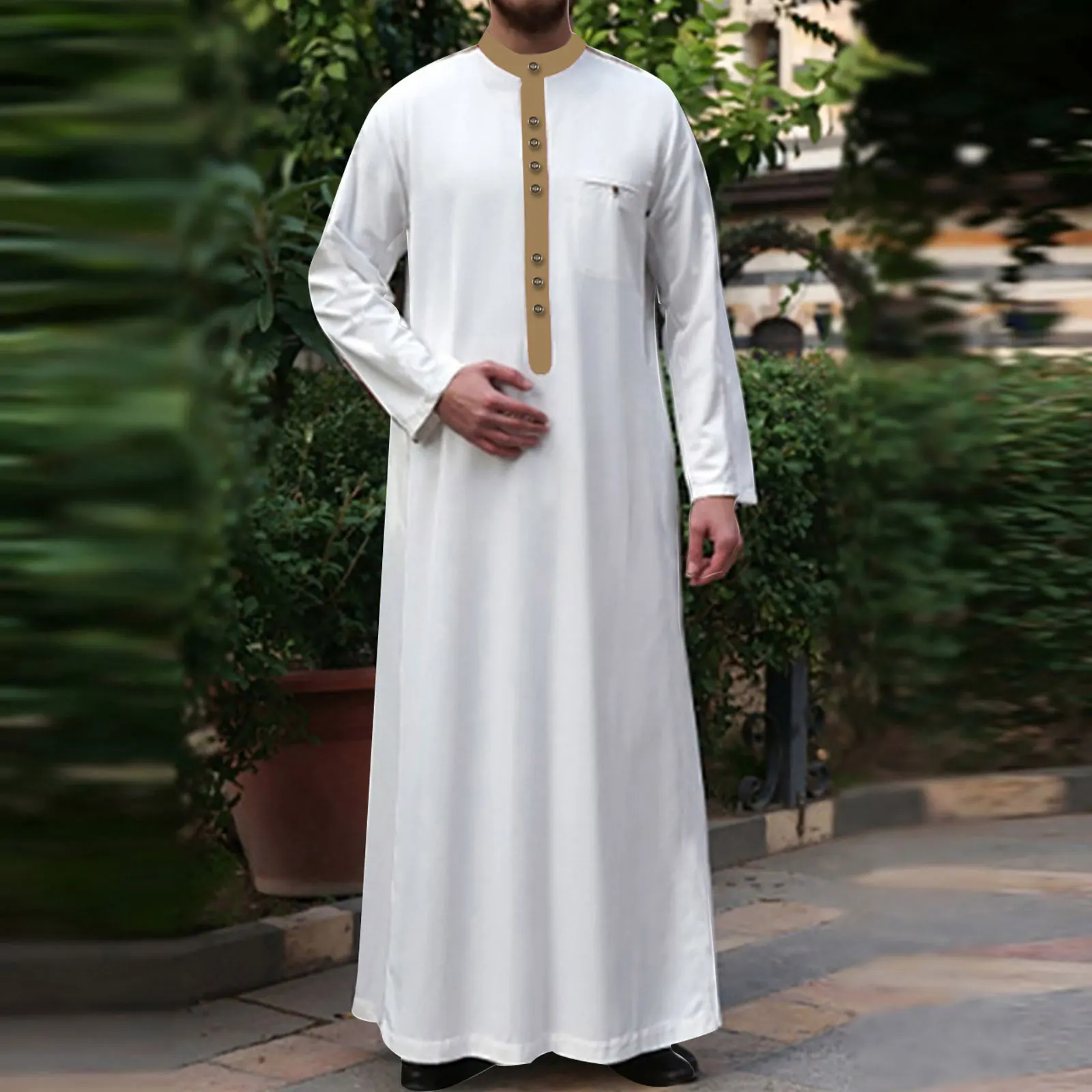 Skin-friendly Muslim Clothing Traditional Eid Middle East Jubba Thobe White Yellow Men Robe Long Sleeve Leisure Clothing