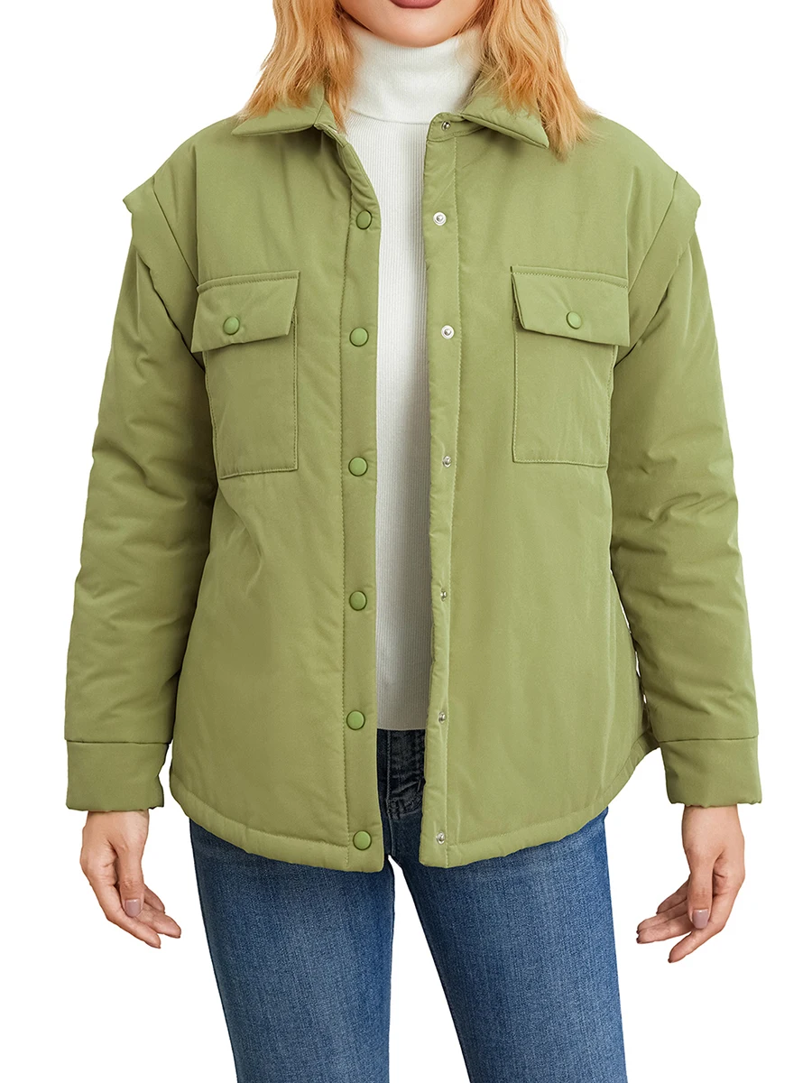 

Women\u2019s Button Up Puffer Jacket Winter Warm Solid Color Coat with Detachable Sleeves