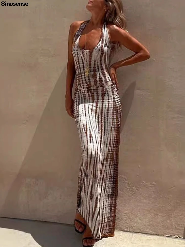 Женское платье-макси с тропическим принтом летнее платье без рукавов в стиле