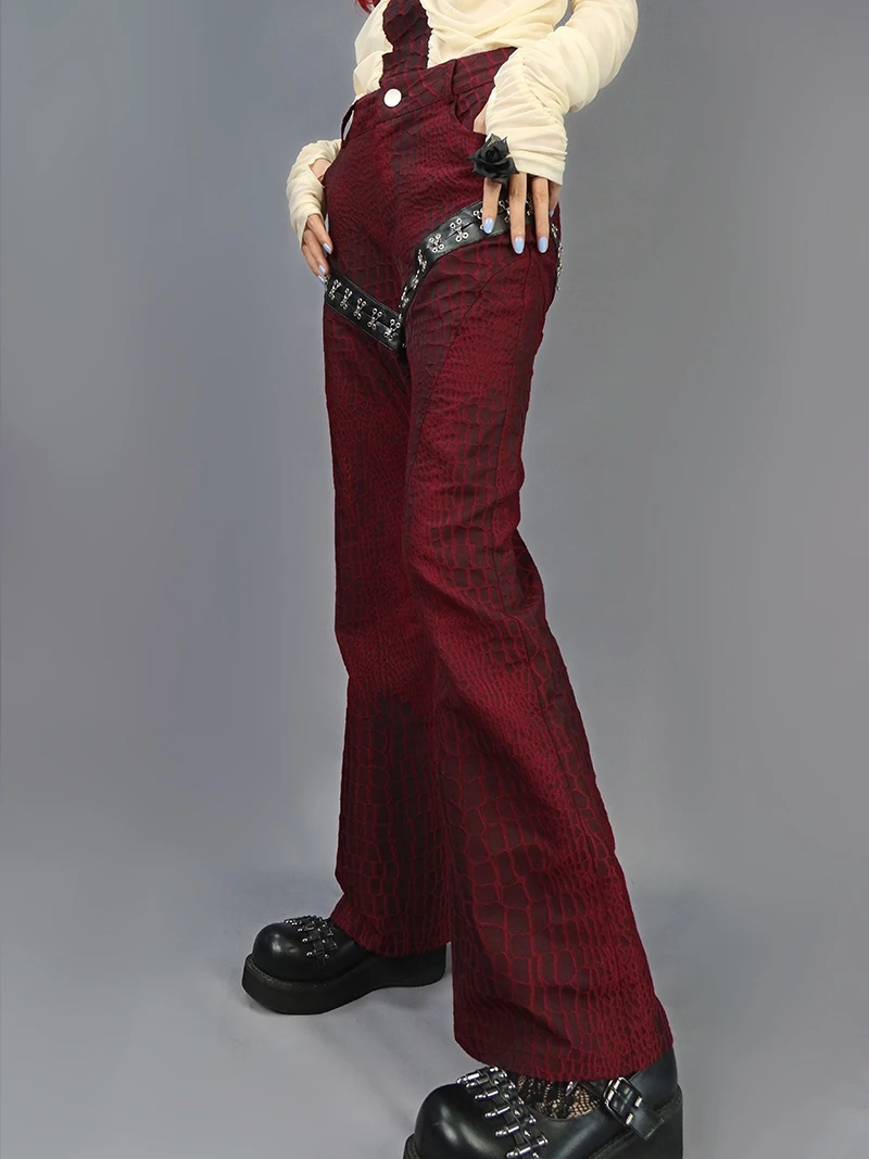 

original design punk goth dark long flare pant red wine black leather metal sequin dobby high waist women fashion pants capris