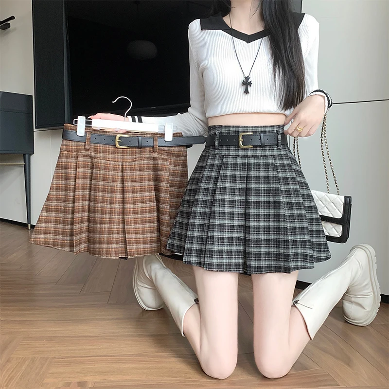 Осень-зима 2024 новая Женская Ретро Юбка в клетку плиссированная юбка с высокой