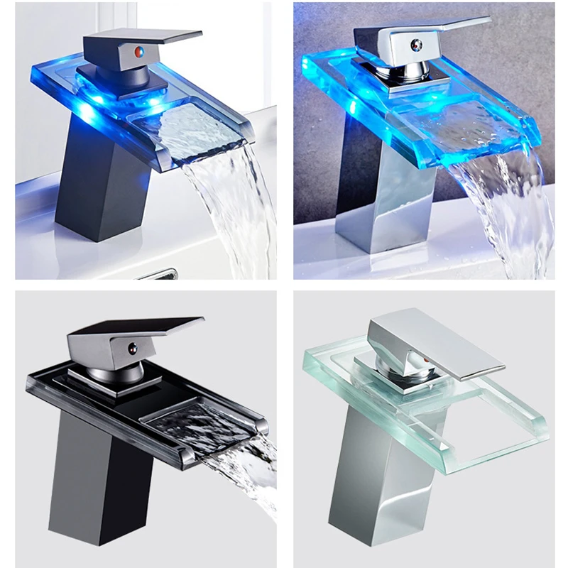 

LED Basin Faucet Brass Waterfall Bathroom Mixer Tap Deck Mounted Wash Sink Glass Taps Hotel Colors Change Sink Faucet