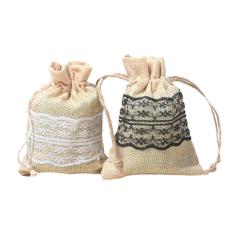 

50Pcs Lace Natural Jute Burlap Drawstring Gift Bags With Handle Jewelry Gift Packaging Party Favor Candy Bags Wedding Decoration