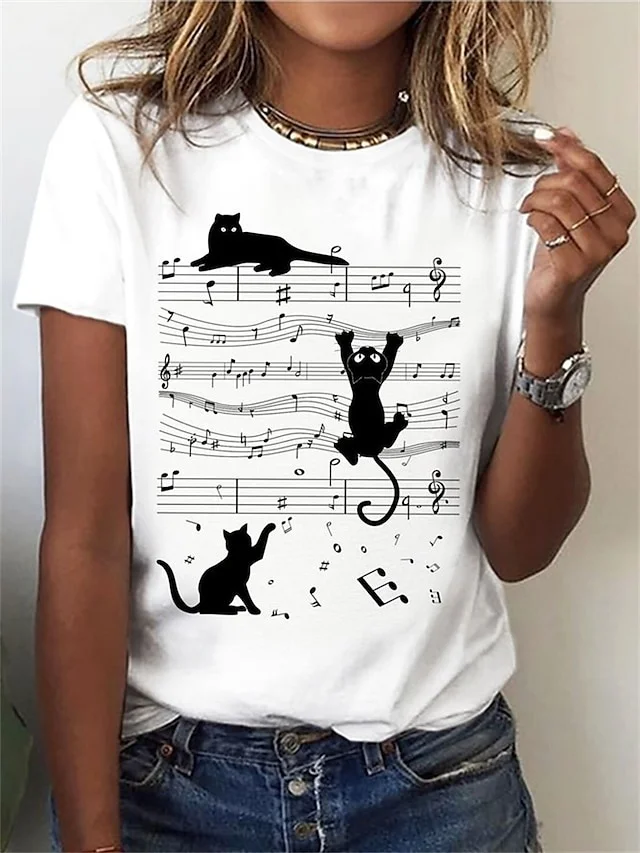 

Summer Women's T shirt Tee Cat Music Print Women's Clothing Daily Weekend Basic Round Neck Regular Cat Painting