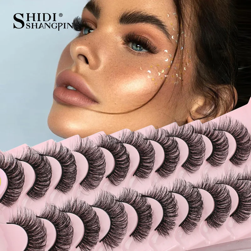 

SHIDISHANGPIN 8/10 Pairs Russian Strip Lashes Fluffy Volume False Eyelashes DD Curl Dramatic Messy Faux Mink Fake Lashes Make up