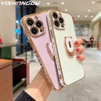 plating cute bear bracket phone case for iphone 13 12 11 pro max 13 mini xs xr x 8 7 plus camera protective hand stander cover
