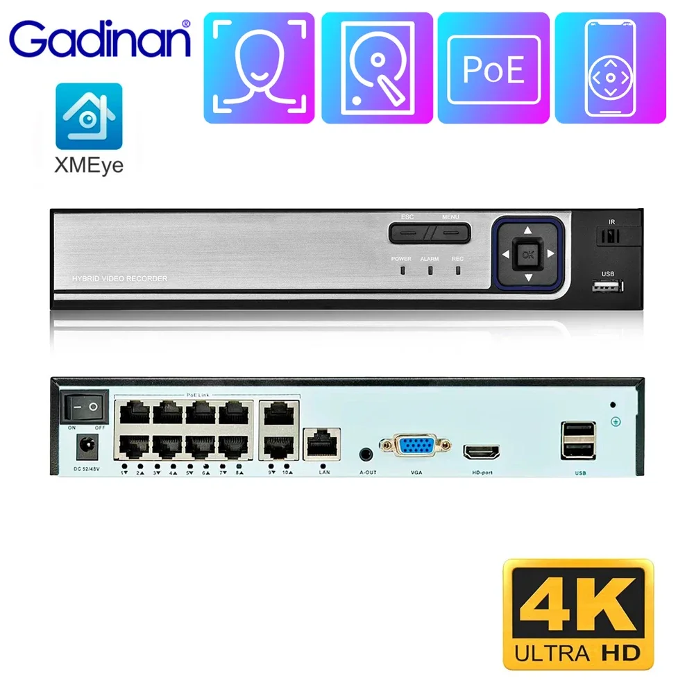 Gadinan 8MP 4K POE NVR видеорегистратор H.265 10CH/8CH/6CH/4CH для IP-камеры с обнаружением лиц защита