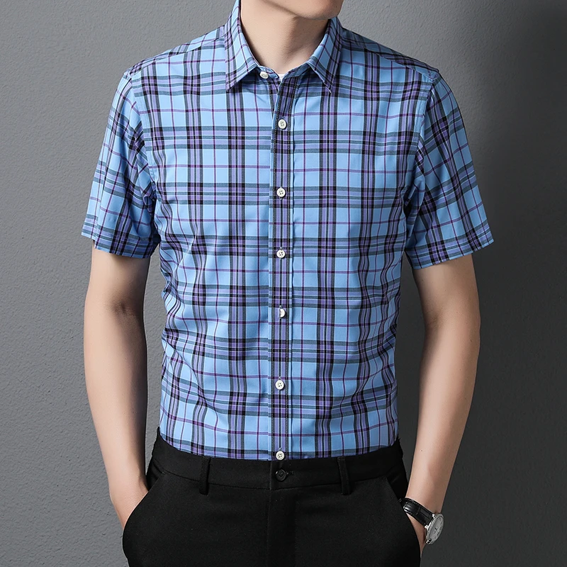 Мужская рубашка в клетку с коротким рукавом из мерсеризованного хлопка |